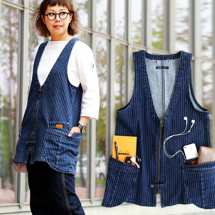 ベスト ジップアップ デニム ストライプ ヒッコリー 前開き デニム