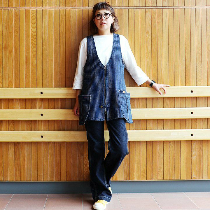 ベスト ジップアップ デニム ストライプ ヒッコリー 前開き デニム