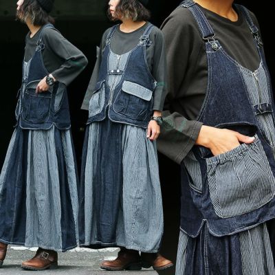 サロペットスカート サロペット スカート マキシ丈 ベスト 重ね着風 フェイクレイヤード ドッキング デニム ヒッコリー ストライプ 切り替え レディース メンズライク かっこいい パティ BLUETO ブルート サロペットスカート サロペット スカート マキシ丈 ベスト 重ね着風