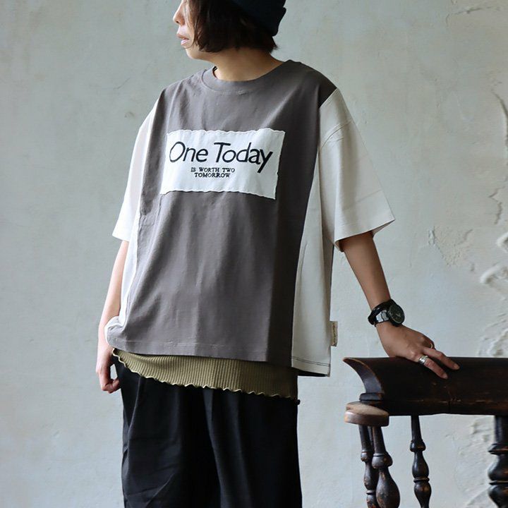 メール便50】 Tシャツ 5分袖 レディース 配色切り替え 刺繍 綿