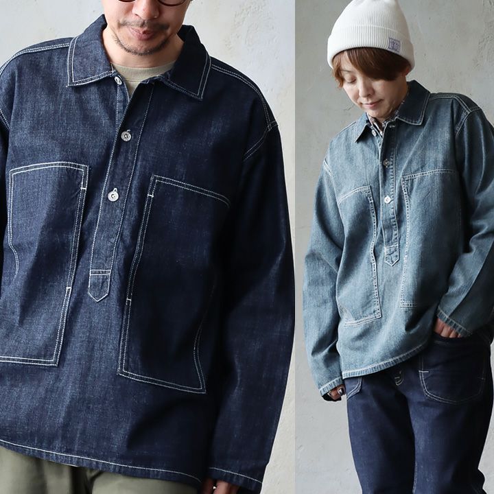 デニムシャツ 長袖 プルオーバー メンズ レディース 米綿 USAコットン 薄手 軽い しっかり生地 ステッチ ポケット ゆったり 大きいサイズ カジュアル ヴィンテージ 秋 冬 パティ HOUSTON ヒューストン デニムシャツ 長袖 プルオーバー メンズ レディース 米綿 USAコットン