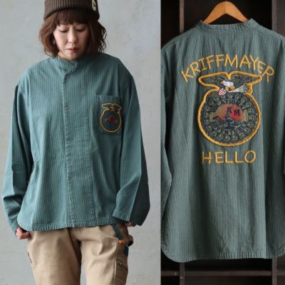 KRIFF MAYER クリフメイヤー シャツジャケット 長袖 レディース スタンドネック 変則 デザイン リング ドットボタン ヒッコリー 製品染め 綿100 コットン 薄手 軽い ゆったり お尻隠れる 体型カバー カジュアル ヴィンテージ アメカジ メンズライク パティ KRIFF MAYER クリフメイヤー シャツジャケット 長袖 レディース
