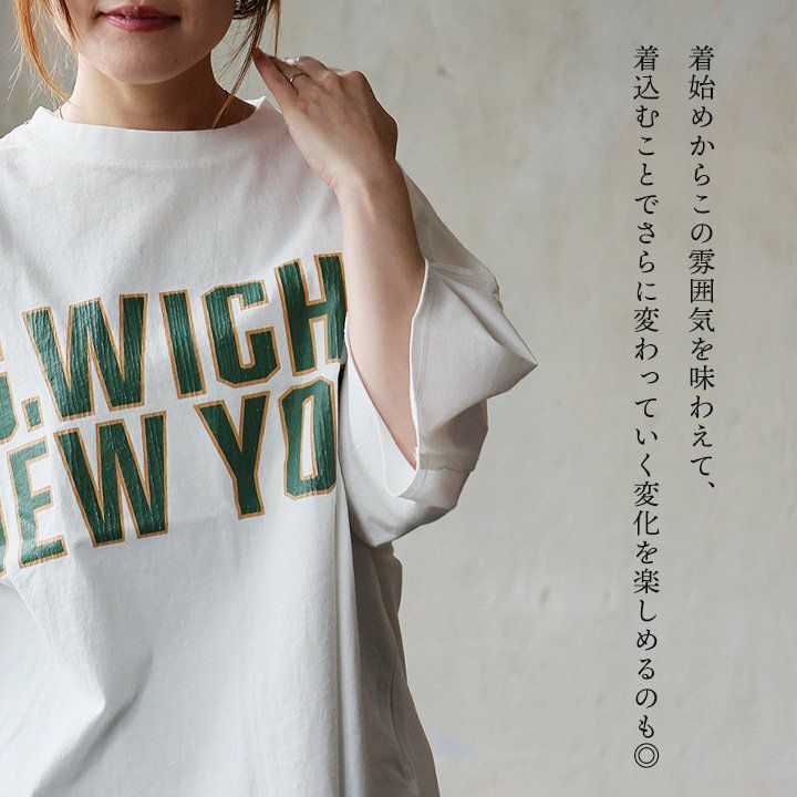 Ｔシャツ 6分袖 レディース クルーネック 綿100 コットン プリント 配色 褪せ色 ピグメント 通気性 伸縮性 着痩せ パティ (メール便50) GENTIL ジャンティ メール便50】 Tシャツ 6分袖 レディース クルーネック 綿100