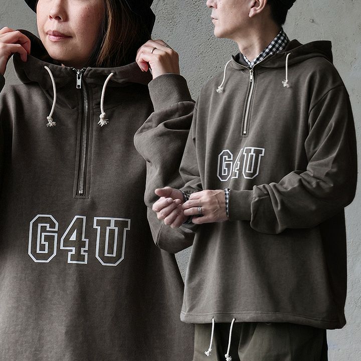 パーカー 長袖 メンズ レディース ハーフジップ コットン ポリエステル 裏毛 スウェット ロゴプリント 伸縮性 ゆったり 大きいサイズ 体型カバー カジュアル 秋 冬 パティ modem Design モデムデザイン パーカー 長袖 メンズ レディース ハーフジップ コットン ポリエステル