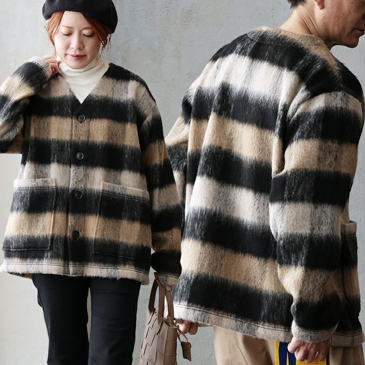ジャケット ノーカラージャケット 長袖 メンズ レディース Vネック シャギーチェック ポリエステル ウール 軽い 暖かい エコ サスティナブル 大きいサイズ オフィスカジュアル 秋 冬 パティ Audience オーディエンス ジャケット ノーカラージャケット 長袖 メンズ レディース Vネック