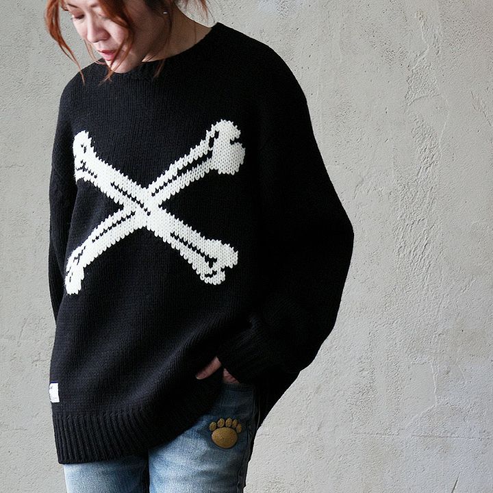 ニット セーター 長袖 メンズ レディース クルーネック クロスボーン ジャガード アクリル ウール 厚手 暖かい 重ね着 ゆったり 大きいサイズ カジュアル アメカジ ヴィンテージ 秋 冬 パティ SCHOTT ショット ニット セーター 長袖 メンズ レディース クルーネック クロスボーン