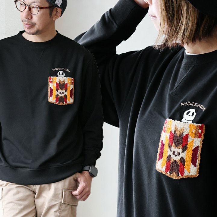 PANDIESTAJAPAN パンディエスタジャパン 【別注】 スウェット トレーナー 長袖 メンズ レディース クルーネック Vガゼット 裏毛 パンダ アニマル サガラ刺繍 胸ポケット ポリエステル コットン 軽い 伸縮性 大きいサイズ 体型カバー カジュアル 秋 冬 春 パティ PANDIESTAJAPAN パンディエスタジャパン 【別注】 スウェット