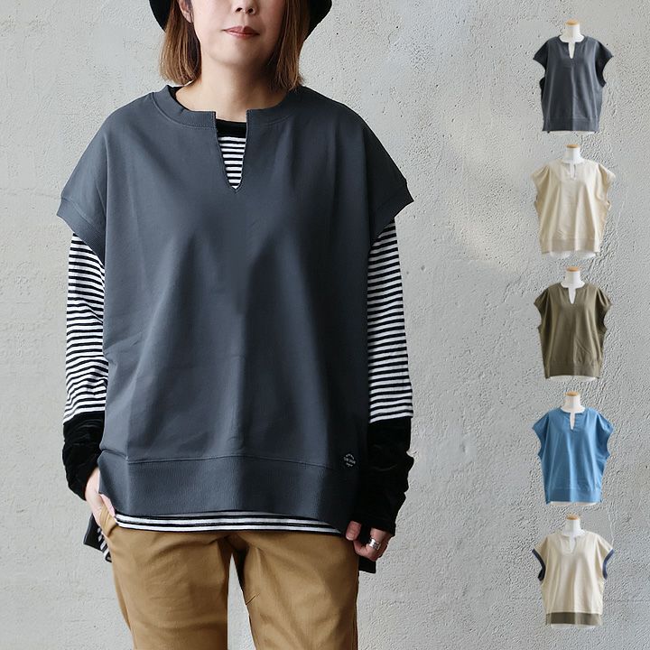 ベスト レディース キーネック スウェット 重ね着 綿100 コットン ミニ