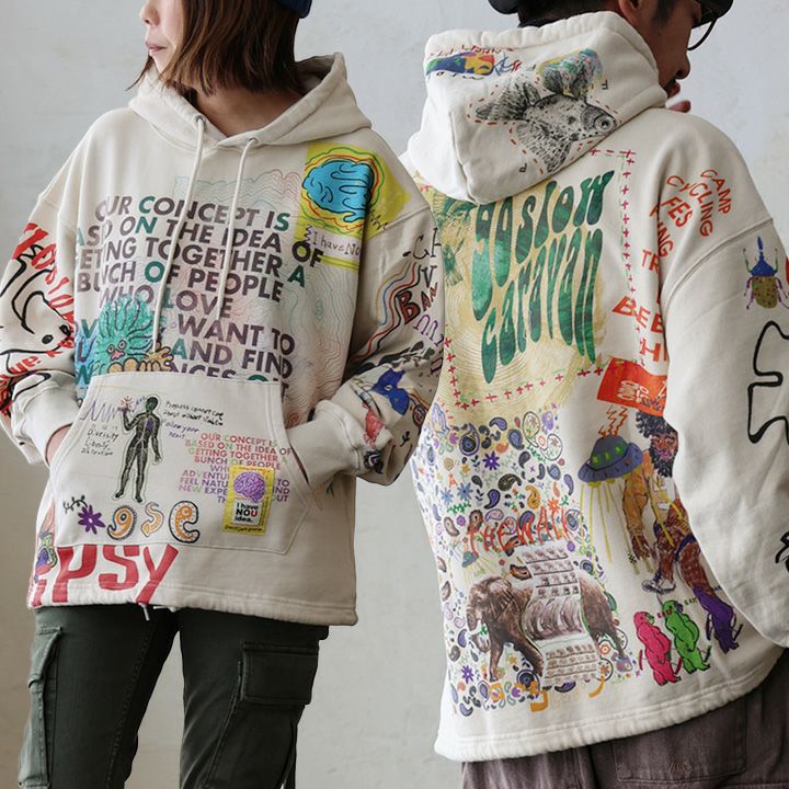 go slow caravan ゴースローキャラバン パーカー 長袖 メンズ レディース 落書き プリント 綿100 コットン 裏毛 ヘビーウェイト 伸縮性 ゆったり 大きいサイズ 体型カバー カジュアル 秋 冬 パティ go slow caravan ゴースローキャラバン パーカー 長袖 メンズ